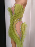 Sparkly Green Diamonds Sexy Mesh Asymmetric Bodycon Mini Dress Celebrate Eveing Birthday Party Nightclub Red Carpet Stage Wear