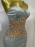 Sexy Strapless Rhinestone Pearl Chain Mesh Mini Dress Women Luxury Birthday Party Nightclub Celebrity Stage Performance Outfit