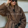 Belted Faux Mink Fur Coat Women 2026 Winter Beige Gradient Furry Fur Jacket Luxury Brand Hooded Warm Outerwear Overcoat
