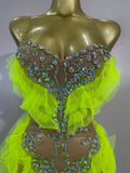 Sexy Sparkly Diamonds Strapless Mesh Ruffled See Through Mini Dress Women Eveing Party Birthday Nightclub Bar Stage Show Costume