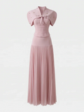 Chic Pink 3 Piece Set for Women Beaded Bow Cape Sleeve Strapless Corset Top High Waist Pleated Floor Length Skirt for Party