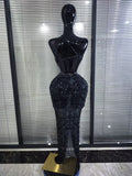 Black Color Women Sexy Halter Mesh See Through Bodycon Long Gowns Dress Sparkly Crystal Celebrate Evening Party Cocktail Wear