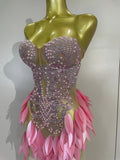 Luxury Sparkly Diamonds Pearls Strapless Mesh Maxi Dress Elegant Eveing Birthday Party Sexy Nightclub Performance Stage Costume