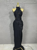 Solid Hollow Out Spliced 3D Flower Elegant Dresses for Women Stand Neck Sleeveless Split Sexy Long Dress Female New