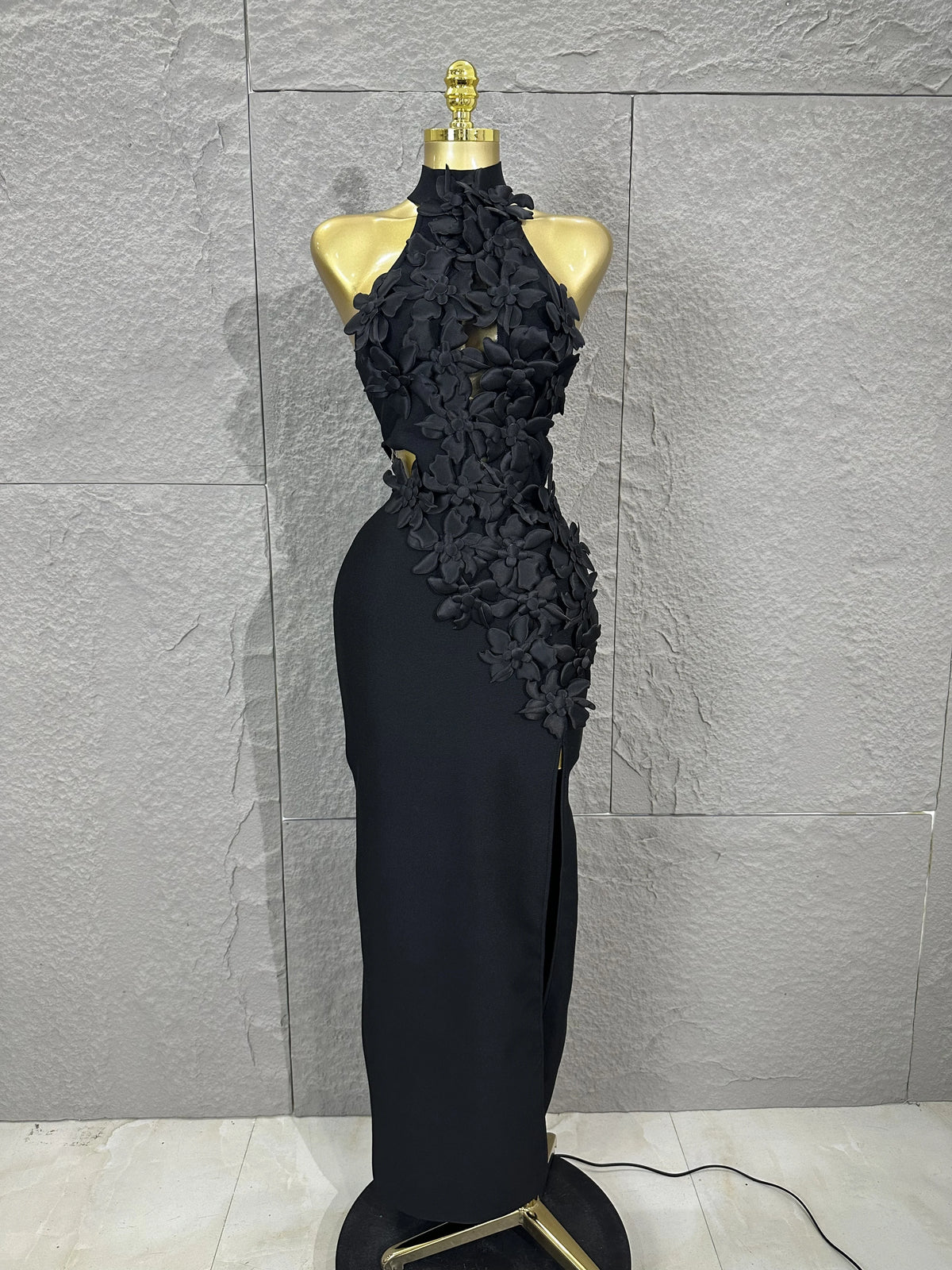 Solid Hollow Out Spliced 3D Flower Elegant Dresses for Women Stand Neck Sleeveless Split Sexy Long Dress Female New