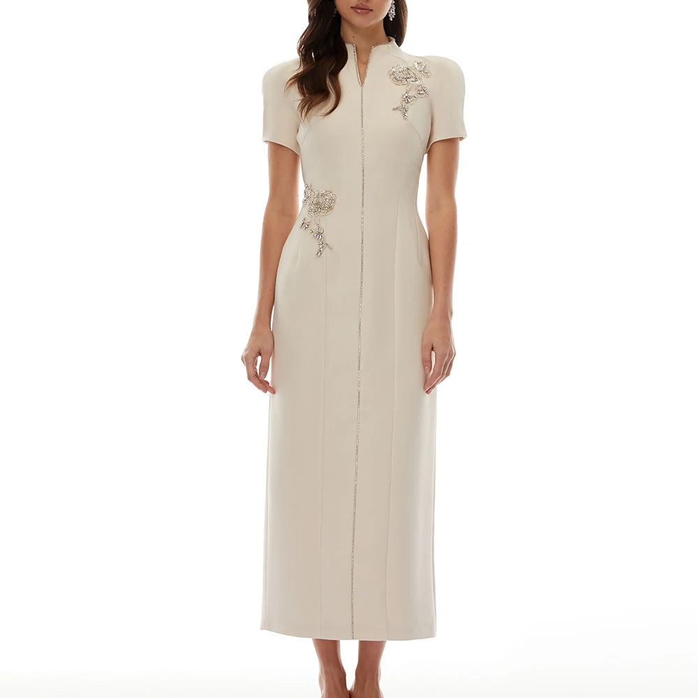 Apricot Mandarin Collar Maxi Dress for Women Short Sleeve Beaded Embroidery Tailored Waist Back Slit Design for Formal Event