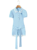 Elegant Sweet Blue Polka Dot Playsuit for Women Puff Sleeve Cutout Design Lace Trim Slimming Playsuits for Vacation