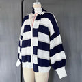 Fashion Striped Sweater Cardigan With Scarf Female Loose Thin Hollow Knitted Top Lantern Sleeve Contrast Color Retro Top