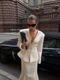 Women 2026 Spring Summer Blazer Two Piece Deep V Neck Peplum Waist Button Top Mermaid Long Skirt Commute Matching Set