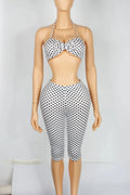 Wild Vacation 2 Piece Set Women Polka Dot Print Halter Tank Tops+Bike Shorts Stretch Matching Street Party Outfits