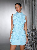 Spliced Appliques Elegant Dresses For Women Stand Collar Sleeveless High Waist Patchwork Zipper Mini Dress Female