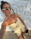 White Floral Print Two Piece Set Spaghetti Strap Ruffle Corset Top Strap Wide Leg Pants 2026 Summer Street Casual Women Outfit