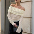 Chic Off The Shoulder Apricot Jacquard Knit T Shirt for Women Slimming Long Sleeve Ruched Design for Romantic Dates