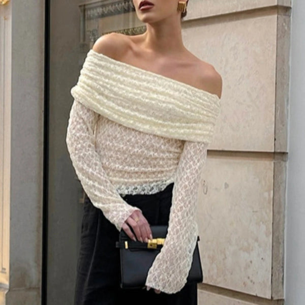Chic Off The Shoulder Apricot Jacquard Knit T Shirt for Women Slimming Long Sleeve Ruched Design for Romantic Dates