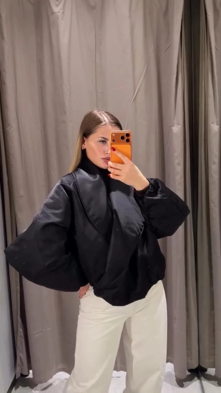 High Street Women's Bomber Jacket Coat Loose Fit Stand Collar Long Sleeve Crop Tops 2026 New Lady Outerwear Casual Daily Outfit
