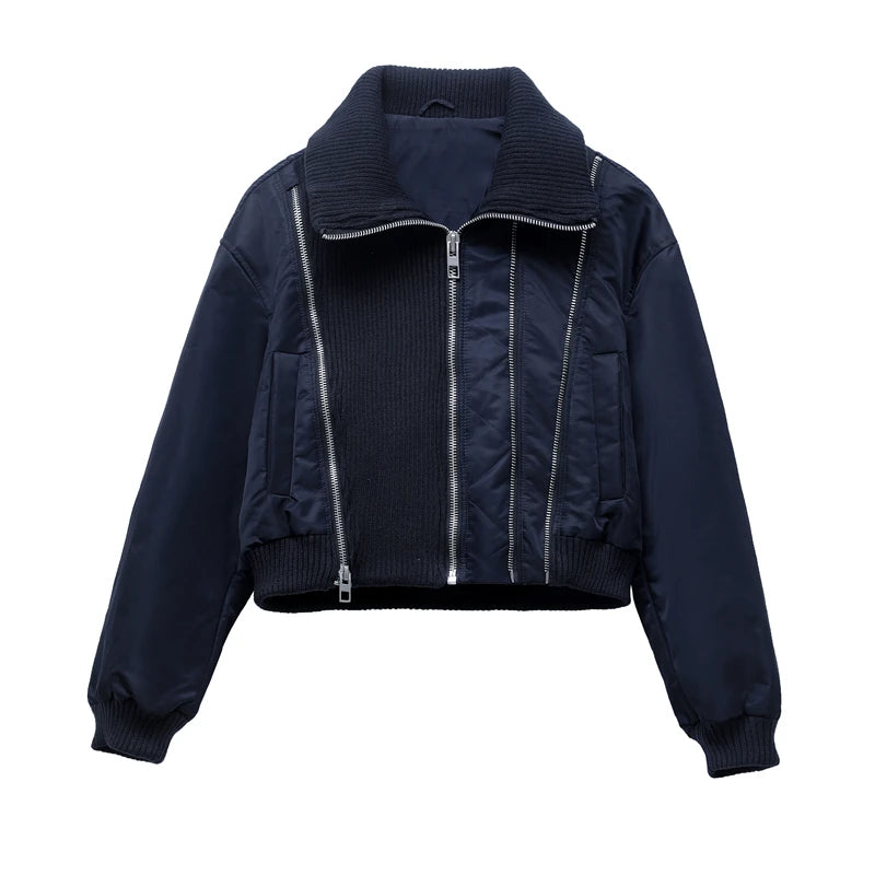 New Women's Zipper Stitching Bomber Jacket Clip Cotton Jacket Stitching Women's Top
