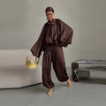 Casual Loose Coats Pants Set Women Full Sleeve Lapel Zippers Solid Coat Long Straight Pleated Pant Sets 2026 Autumn Lady Suit