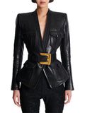 2026 Latest Design Slim Pu Leather Jacket Black Quality Blazer Belt Women Fashion Jackets Coat