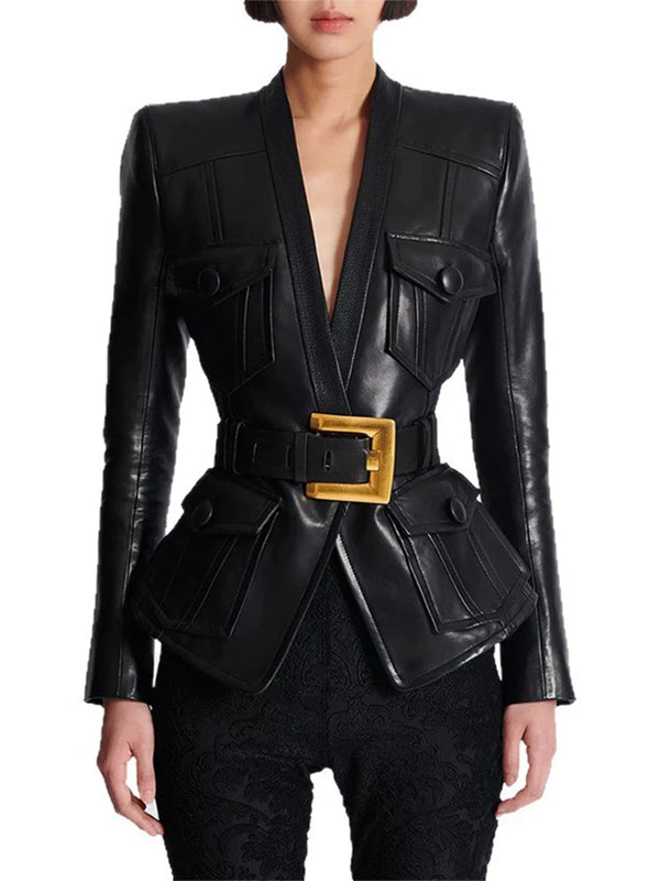2026 Latest Design Slim Pu Leather Jacket Black Quality Blazer Belt Women Fashion Jackets Coat