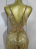 Sparkly Gold Rhinestones Sequins Fringe Jumpsuit Women Sexy Nightclub Party Birthday Outfit Show Singer Stage Perform Costume