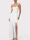 Fashion Sweetheart Spaghetti Strap Maxi Dress for Women Solid Fringe Floor Length Bodycon Back Zipper for Evening Party Club
