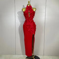 Sexy Hollow Out Sleeveless 3D Flower Red Bodycon Long Bandage Dress Women Evening Party Birthday Elegant Wedding Guest Clothing