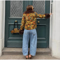Women Retro Floral Print Tweed Jacket Fur Collar Cuff Patchwork Single Breasted Short Coat 2026 Fashion Autumn Casaul Outerwear