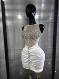 Women Sleeveless Sexy O-Neck Shining Crystal Bodycon Mini Dress Velvet Celebrate Evening Party Birthday Photoshoot Wear