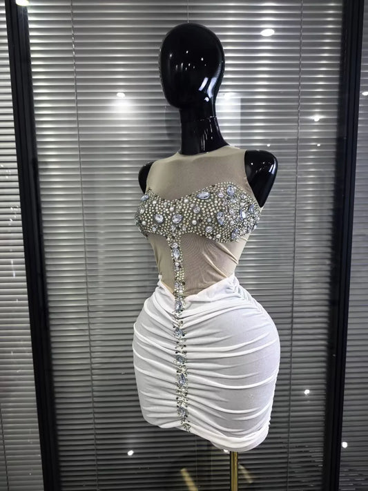 Women Sleeveless Sexy O-Neck Shining Crystal Bodycon Mini Dress Velvet Celebrate Evening Party Birthday Photoshoot Wear
