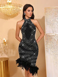 Women Sexy Off Shoulder Diamond Feather Halter Mini Bandage Dress For Women Backless Celebrate Evening Party Dresses Gown
