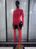 Red Black Women Long Sleeve Sexy Mesh See Through Sparkly Crystal Bodycon Jumpsuit Celebrate Nightclub Bar Dance Stage Wear