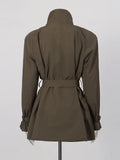 Casual Daily Wear Coffee Trench Coat for Women Stand Collar Buttons Design Belt Accent Oversized for Street Style