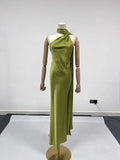 Solid Slimming Chic Dresses for Women Shawl Collar Sleeveless Off Shoulder High Waist  Long Dress Female