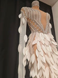 Women Elegant Sparkly Diamond Pearls Leaf Long Sleeves Mesh Sheer Maxi Dress Eveing Birthday Party Sexy Nightclub Stage Costume