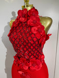 High Quality Birthday Party Dresses Black Red Beaded Flower Mesh Patchwork Long Bandage Dress Celebirty Prom Evening Club Wear