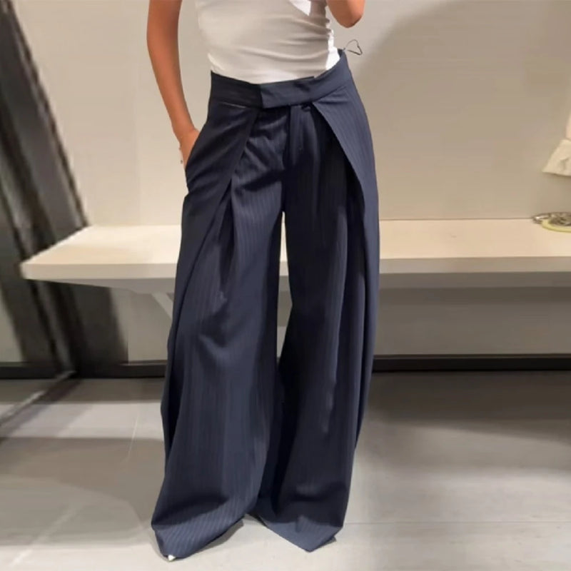 Basics Striped Design Wide Leg Pant for Women High Waist Office Temperament Trousers Female Autumn Fashion Clothes