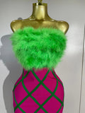 Luxury Celebrity Evening Party Birthday Dresses Women Sexy Green Feather Strapless Color Block Plaid Bodycon Midi Bandage Dress