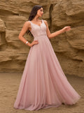 Sleeveless Evening Dresses V-Neck Sequined Embroidery Long Party Gown Clothing Elegant Mesh A-Line Formal Wedding Dress