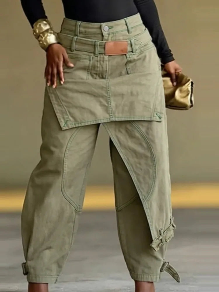 Women High Waist Jeans Apron Panel Design Tie Cuff Loose Denim Jogger Trousers Streetwear Autumn