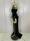 Shiny Diamond Velvet Sexy Side Slit Floor Length Dress With Gloves Women Chic Birthday Banquet Show Host Nightclub Stage Wear