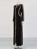 Black Velvet Holiday Celebrations Maxi Gown for Women O Neck Gold Trim Slim Jewel Accent High Slit Dresses for Luxury Dinner