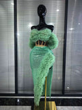 Mint White Color Women Mesh Ruffles Laced-up 2 Pieces Sequins Bodycon Long Dress Nightclub Bar Singer Party Performance Costumes