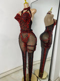 Sparkly Diamonds Women Long Sleeveless See Through Mesh Tight Jumpsuit Costume Nightclub Dancer Outfit Performance Stage Wear