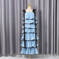 Hit Color Ruffles Cake Maxi Dress for Women Square Collar Off The Shoulder Spliced Bow Evening Temperament Dresses Female