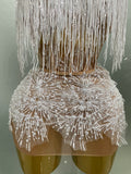 Sexy Pearl Sequins Tassel Sleeveless Glitter Mini Dress Women Singer Bar Nightclub Stage Performance Clothing Show Outfit