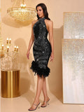 Women Sexy Off Shoulder Diamond Feather Halter Mini Bandage Dress For Women Backless Celebrate Evening Party Dresses Gown