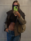 Grey Contrast Cropped Trench Coat Women Lapel Double Breasted Jacket Lady Autumn Winter Daily Lady Streetwear Outerwear 2026 New