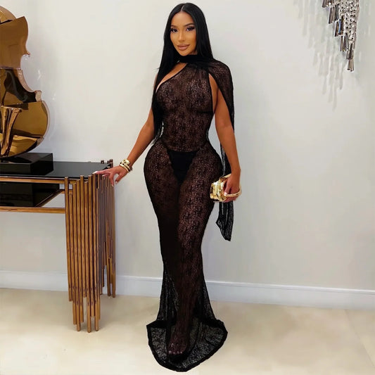 Sexy Sheer Lace Dress Women One Shoulder Cape Sleeve Evening Party Night Out Backless Prom Bodycon Maxi Dress Robe Femme