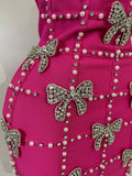 Women Elegant Luxury Bow Diamonds Pearl Club Evening Party Mini Knitted Dresses Sexy Spaghetti Strap Bodycon Bandage Dresses