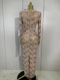 Luxury Sexy Pearl Beading Chain Long Sleeve Bodycon Long Dress Elegant Celebrity Evening Party Club High Quality Birthday Dress